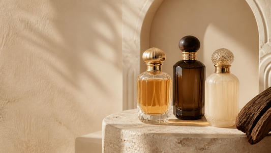 Three unbranded Arabian perfume bottles on a warm stone pedestal with oud wood